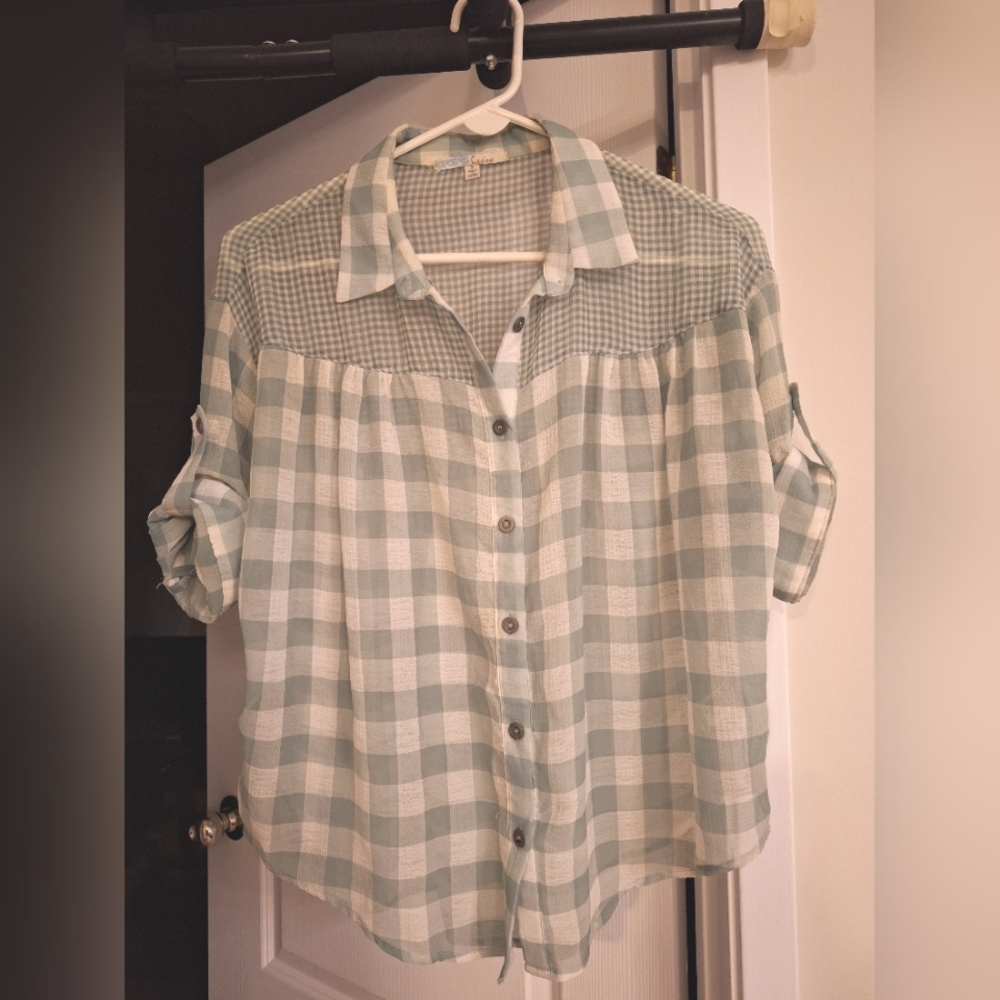 Cecico sheer oversized checkered shirt, size small, gray/white